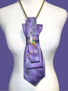 Purple Striped necktie  Necklace with whimsical Bee Accent